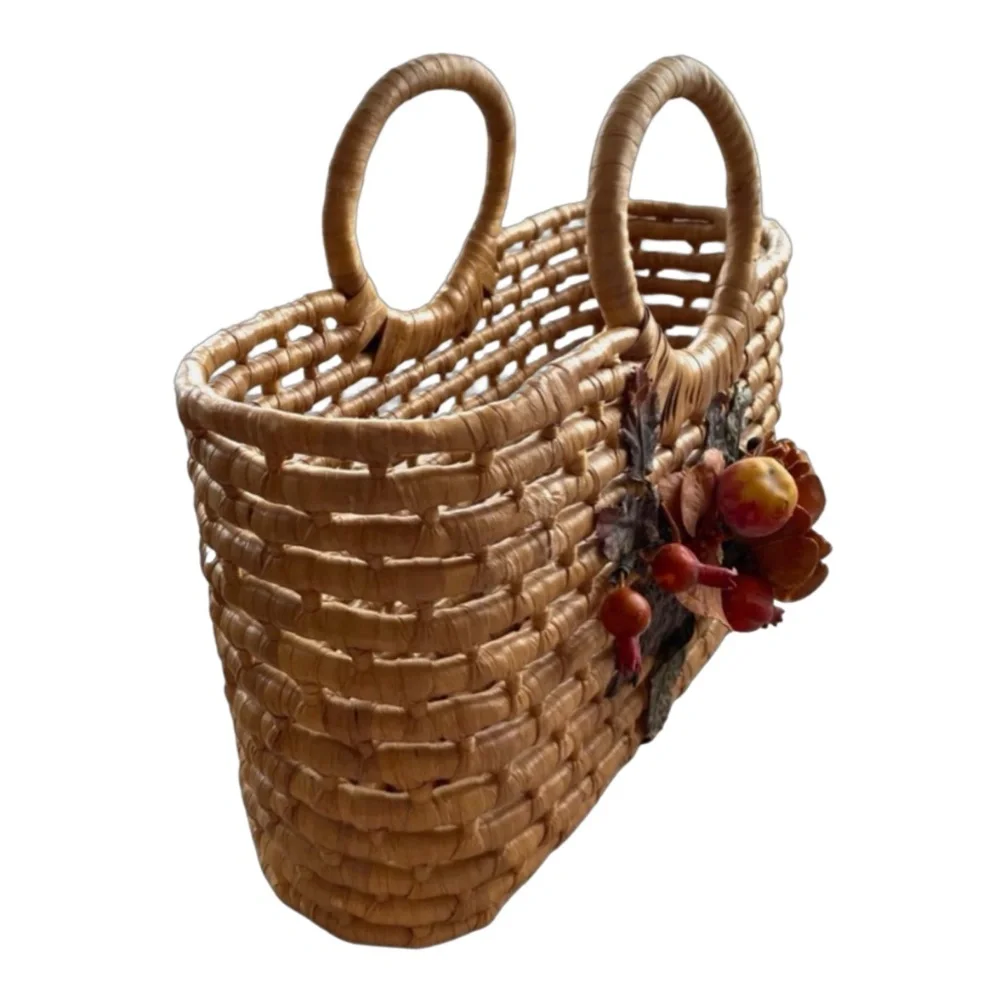 Handcrafted Woven Grass Reed Tote Handbag 16”x13”x 6” Floral Accent Summer